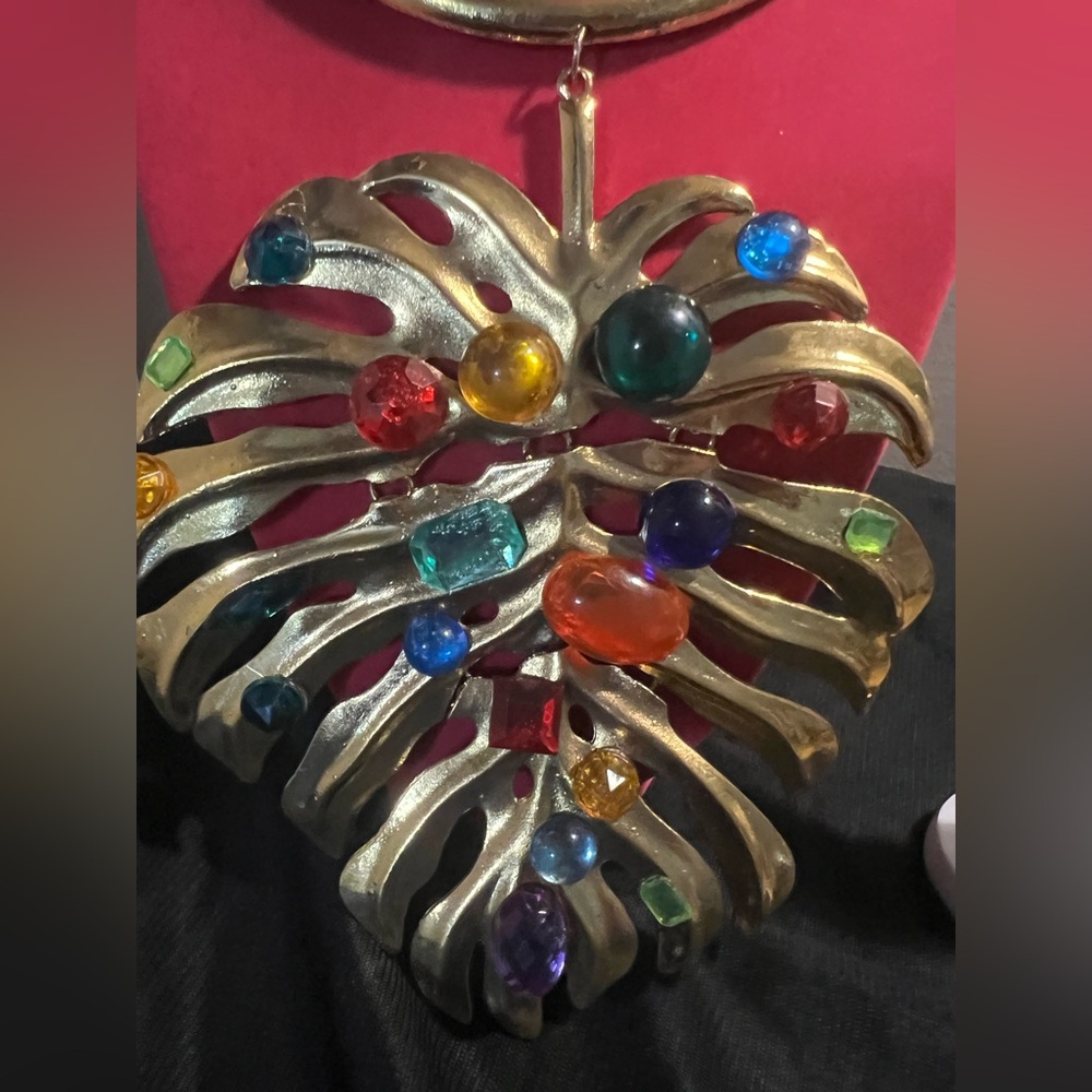 Monstera Leaf Necklace Bejeweled, up-cycled, 1 of kind-Gemstones hand placed - Picture 2 of 9